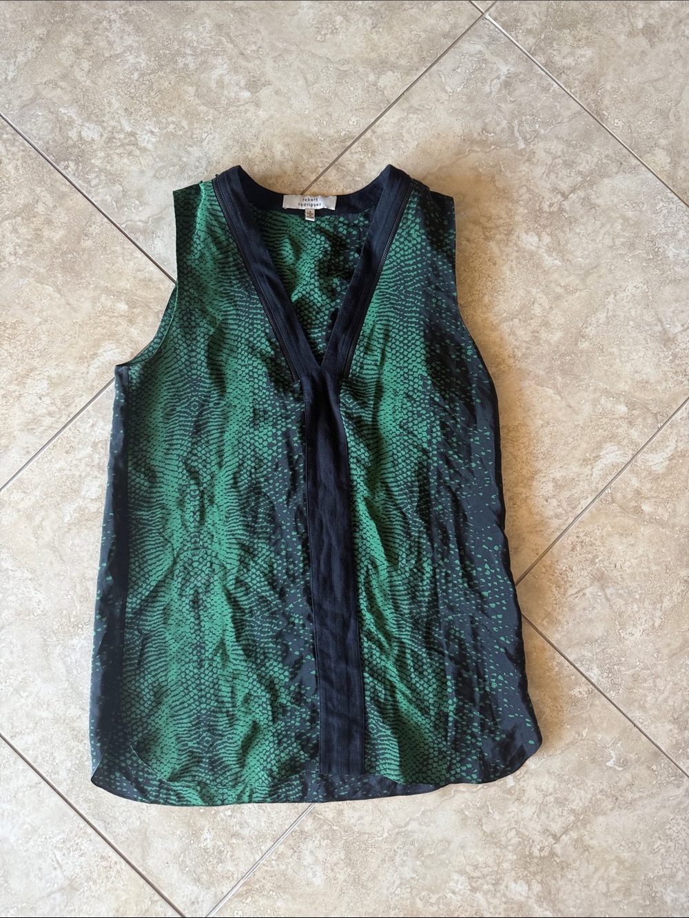 Robert Rodriguez Green and Black Silk V-Neck Sleeveless Blouse, Size 4